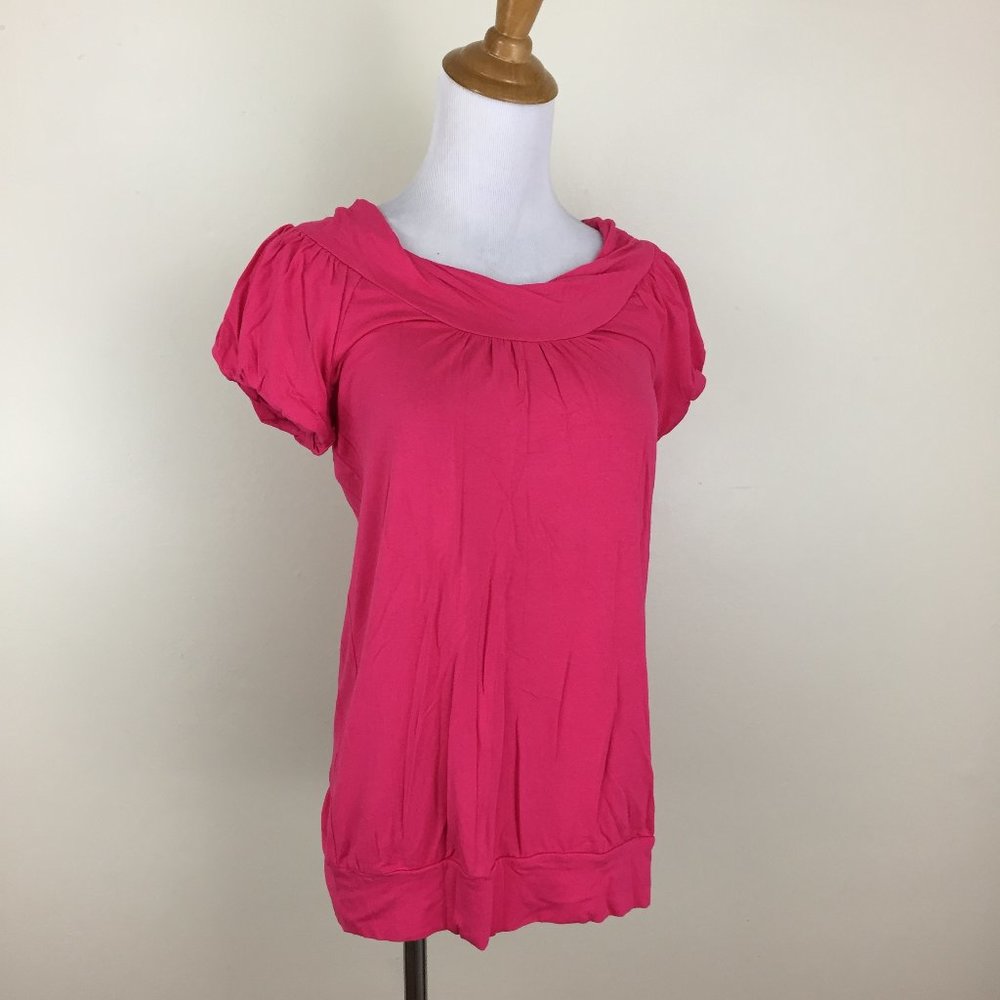 BCBGMAXAZRIA Dark Pink Twisted Round Collar Short Sleeve Banded Hem Shirt